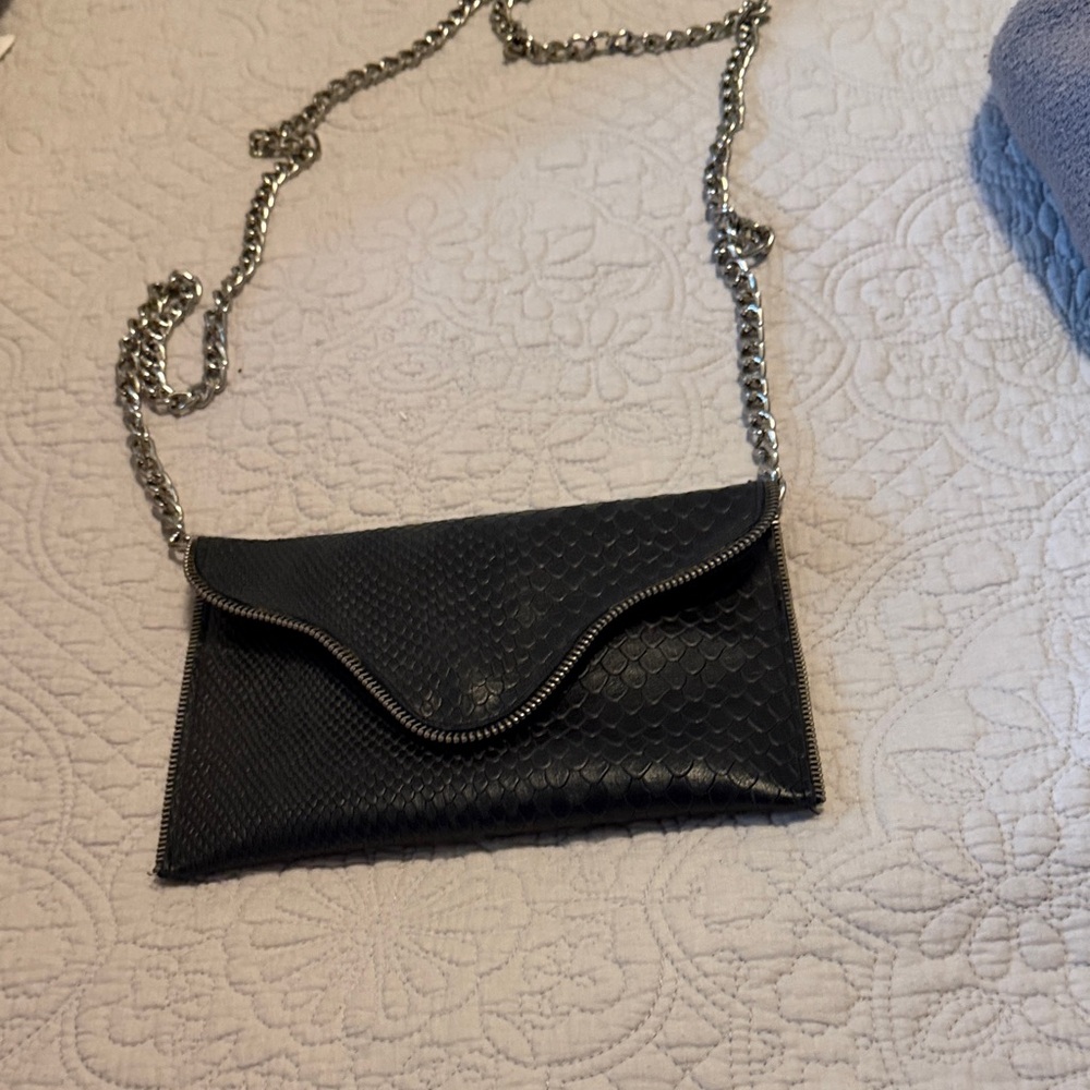 JJ Winters Black Textured Clutch with Silver Chain